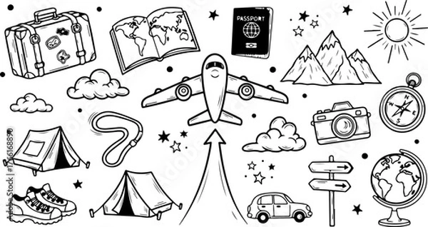 Obraz Dreamy travel adventures await! Pack your bags, explore the world, and create unforgettable memories with this charming doodle art vacation design