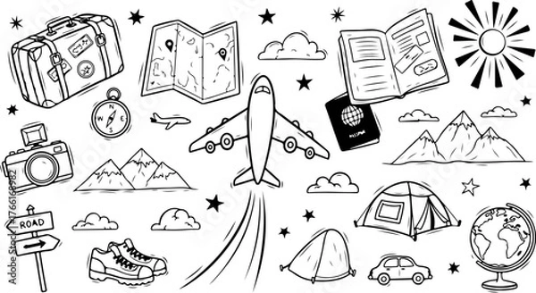 Obraz Travel adventure awaits with this wanderlust collection showcasing planes, tents, maps, and destinations for your next journey exploring the world