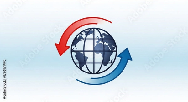 Fototapeta Global exchange concept featuring a world globe surrounded by red and blue arrows, symbolizing international trade and connection