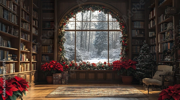 Fototapeta Cozy home library with wooden bookshelf walls, decorated with Christmas garland and red poinsettia plants, overlooking snowy winter forest through large arched window