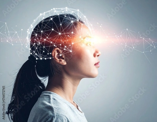 Obraz A woman with a glowing brain network, connected to a light stream