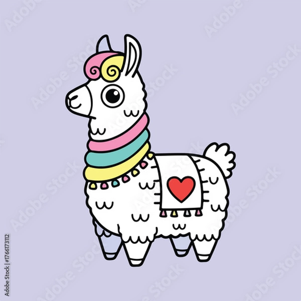 Obraz Llama with rainbow details and a heart, perfect for childrens books, cards, or products needing a whimsical touch.