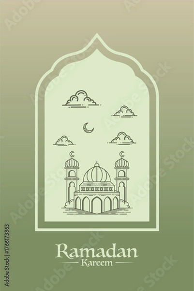 Fototapeta Lettering, Illustration Ramadan Kareem with Mosque, Moon, and Clouds, Vector Calligraphy Design, Usable for Poster, Banners, Postcards, Wallpaper, Gifts etc.