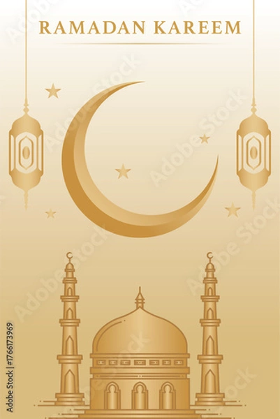 Fototapeta Lettering, Illustration Ramadan Kareem with Golden Mosque, Crescent Moon, and Lanterns, Vector Calligraphy Design, Usable for Poster, Banners, Postcards, Wallpaper, Gifts etc.