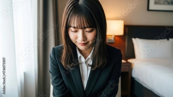 Obraz ホテルの部屋で椅子に座り、安堵の表情で微笑む女性