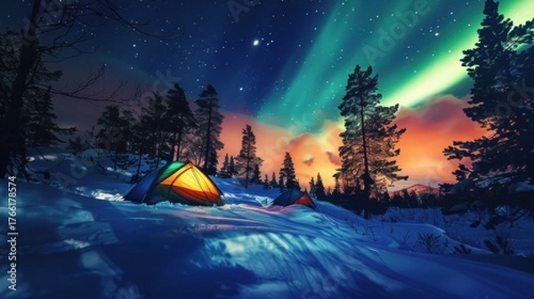 Fototapeta Winter Snow Scene Forest Photography: Capturing Serene, Magical Landscapes with Snow-Covered Trees, Frosty Pine Needles, and Soft Morning Light – Showcasing Snow-Dusted Branches,