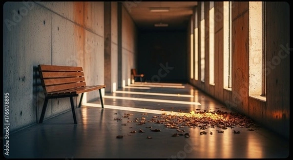 Obraz Empty Corridor with Bench and Warm Afternoon Light
