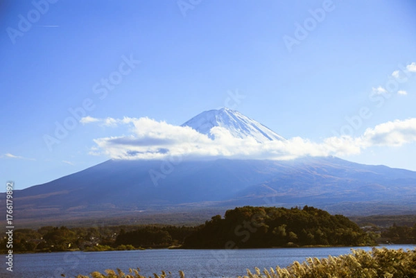Obraz 日本の秋景色：黄金色のススキと白雲をまとった富士