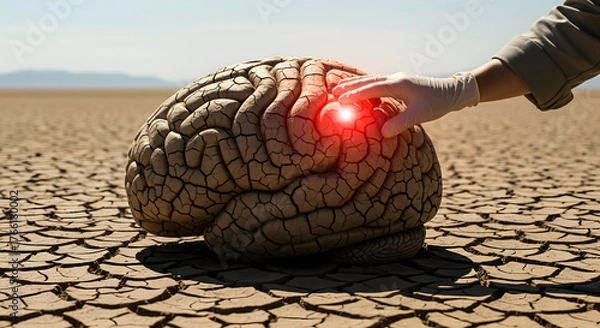Fototapeta Gloved hand touches cracked human brain model in barren desert, signaling mental exhaustion or dehydration concept.