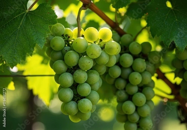 Obraz Lush cluster of vibrant green wine grapes hanging heavy on the vine under bright summer sunlight, signifying the perfect time for harvest ,nature ,viticulture ,traditional