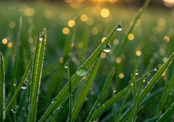 Obraz Macro view of crystal dew drops catching the golden morning sunlight on vibrant, lush meadow grass texture ,moisture ,serene ,lush