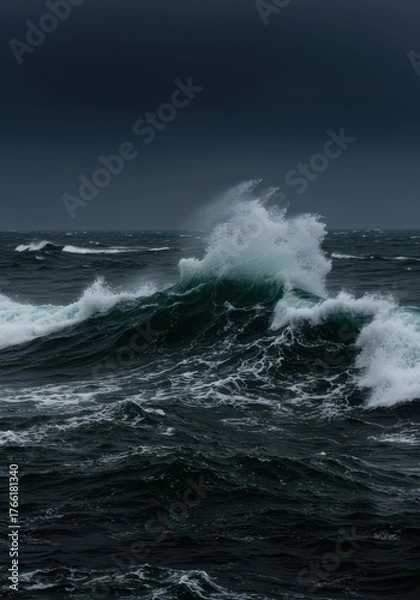 Obraz Massive ocean waves crash violently against the dark, turbulent water under a threatening sky during a powerful maritime storm ,storm ,dramatic ,gale