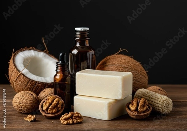 Obraz Rustic composition highlighting potent natural ingredients, creamy white soap bars, rich amber oils, and fresh coconut and walnut shells ,bath ,spa ,essential