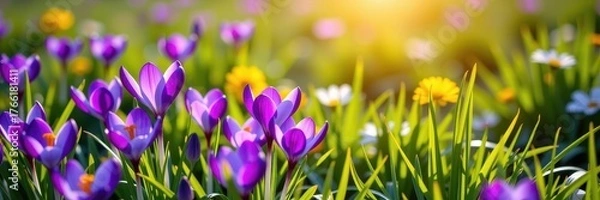 Obraz Vibrant purple crocus flowers bloom in a sun-drenched meadow, signaling the arrival of spring, outdoor photography, purple crocus