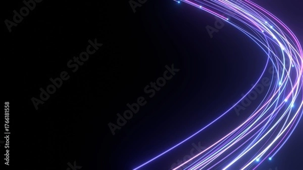 Obraz 紫の沢山の光線がカーブして画面を彩るスタイリッシュなCGイラストカード。ネオンのコードの背景