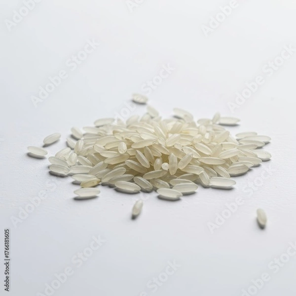 Obraz A close-up shot of dry, uncooked white rice grains scattered sparsely on a bright, minimalist white background, emphasizing texture and purity ,white ,background ,grain
