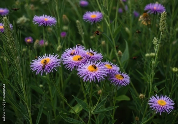 Obraz A dense, vibrant patch of summer flowers teeming with insects, showing lush biodiversity and the active life cycle of a healthy ecosystem ,wild ,plentiful ,natural