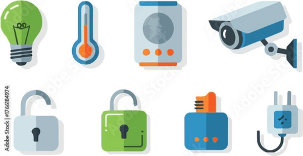 Fototapeta Collection of smart home and IoT devices with security system flat vector icons