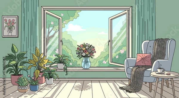 Obraz Vector illustration of cozy spring home interior open window with flowers, sunlight, plants, soft pastel hues, flat modern desig