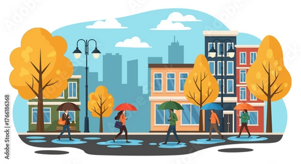 Obraz Vector flat design of rainy autumn street scene people holding umbrellas