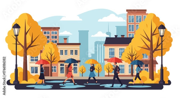Obraz Vector flat design of rainy autumn street scene people holding umbrellas