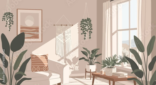 Obraz Vector boho interior with spring plants and sunlight cozy neutral tones, minimal flat design