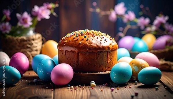 Fototapeta Easter baked goods on rustic wooden table