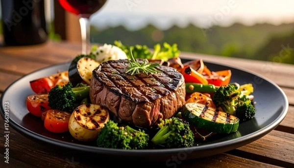 Obraz Grilled steak with roasted vegetables on a patio