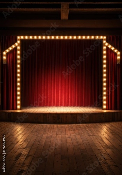 Fototapeta Rustic wooden theatre stage set inside a vintage western saloon hall. Red velvet curtains frame the backdrop and antique performance lighting ,performance ,show ,floorboards