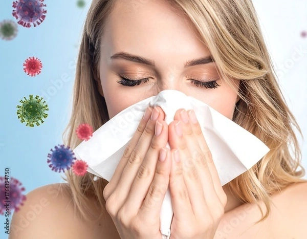 Obraz A woman with closed eyes using a tissue, surrounded by virus models