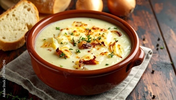 Fototapeta Creamy onion soup in a rustic bowl with bread