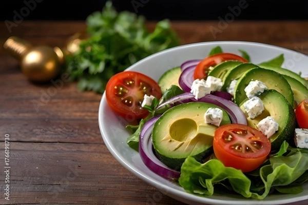 Fototapeta “Fresh Avocado Garden Salad with Cherry Tomatoes, Cucumber, and Feta in Rustic Bowl”