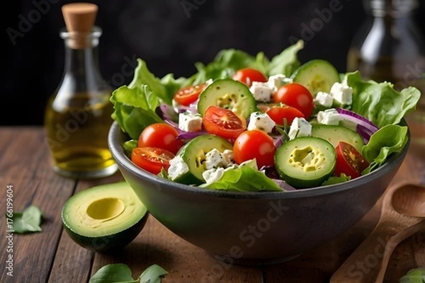 Fototapeta “Fresh Avocado Garden Salad with Cherry Tomatoes, Cucumber, and Feta in Rustic Bowl”
