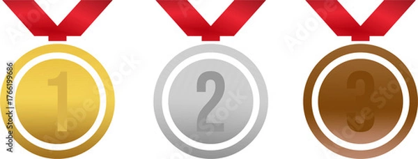 Fototapeta Set of Gold, Silver, and Bronze Award Medals with Red Ribbons