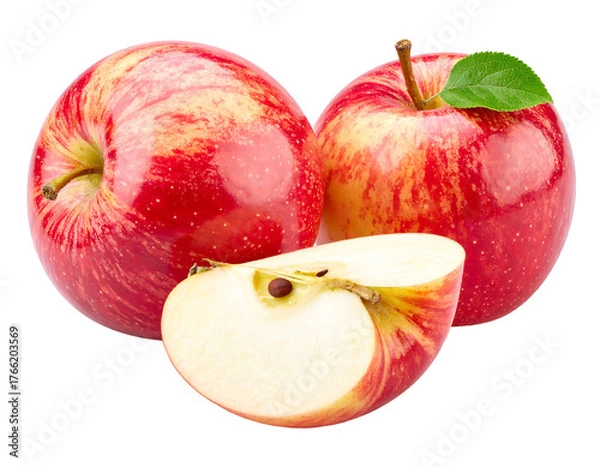 Obraz Three apples two whole, one sliced; red and yellow skin, white flesh, set against a dark, featureless background