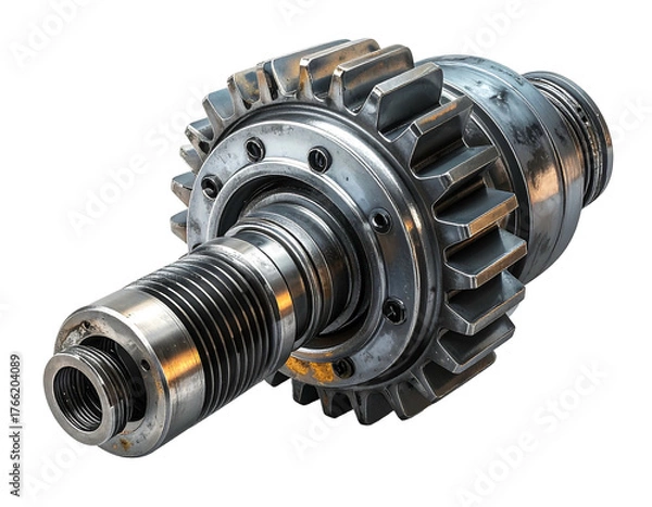 Fototapeta Metal mechanical component featuring gears and a threaded shaft, illuminated against a dark background