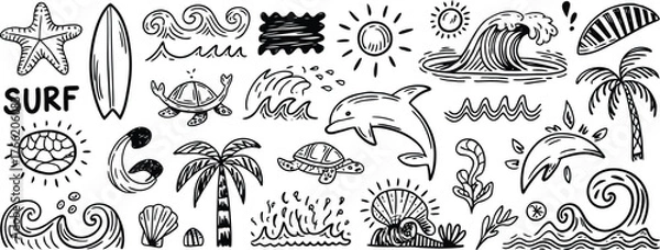 Obraz Ocean life and surf elements surfboard starfish