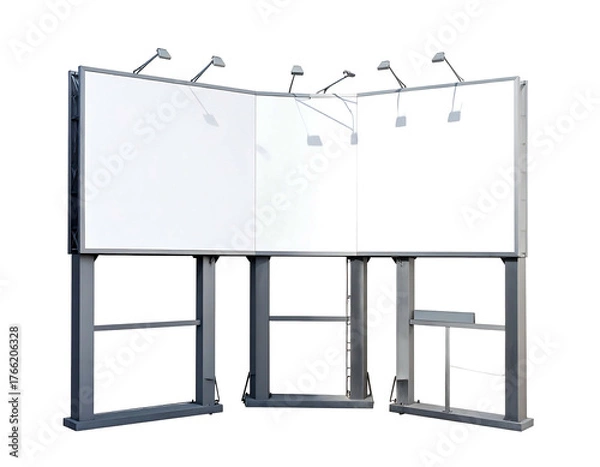 Fototapeta Three blank billboards meet in a corner; silver metal framing. Illuminated by lights. Isolated on a black background