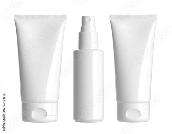 Fototapeta Three blank white containers. Two tubes, one bottle with spray nozzle against a black background