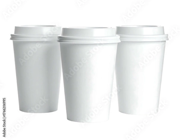 Fototapeta Three blank white disposable cups with lids are clustered against a black background, arranged slightly offset
