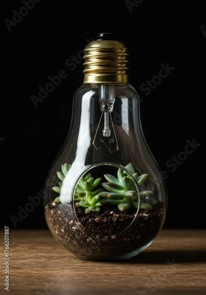 Fototapeta Miniature succulent garden thriving inside a clear glass incandescent bulb. Unique natural decoration element highlighting fragility and growth ,indoor ,freshness ,life