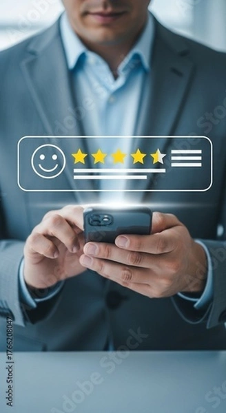 Fototapeta A man in a suit is giving a five-star rating to a product or service on his smartphone, demonstrating customer satisfaction and positive feedback, representing the importance of online reviews and use