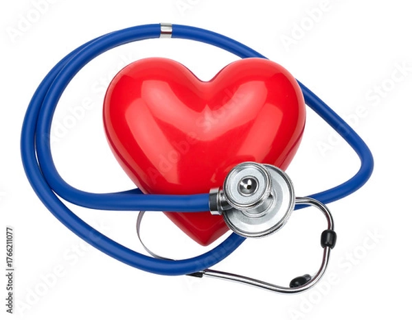 Fototapeta Red heart with blue stethoscope winding around, isolated against a black background