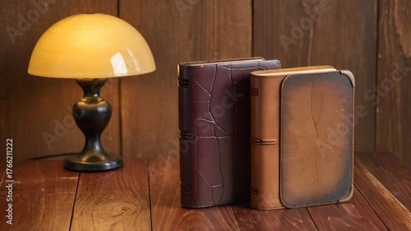 Fototapeta Vintage books and warm lamp on a rustic wooden table.