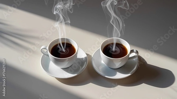 Fototapeta Two steaming coffee cups on saucers with natural light.