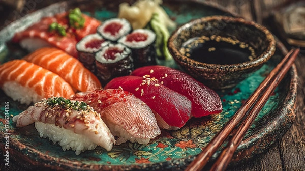 Fototapeta Assorted sushi set with soy sauce and chopsticks.