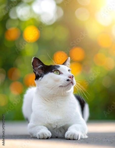 Obraz A curious black and white cat gazes upward in a sunlit garden scene