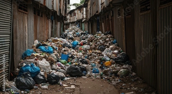 Fototapeta Accumulated household refuse piles high along a narrow, neglected alleyway within a heavily degraded, impoverished settlement area ,dilapidated ,polluted ,crisis