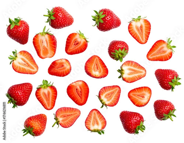 Fototapeta Red, ripe strawberries some whole, some sliced open, arranged on a black background