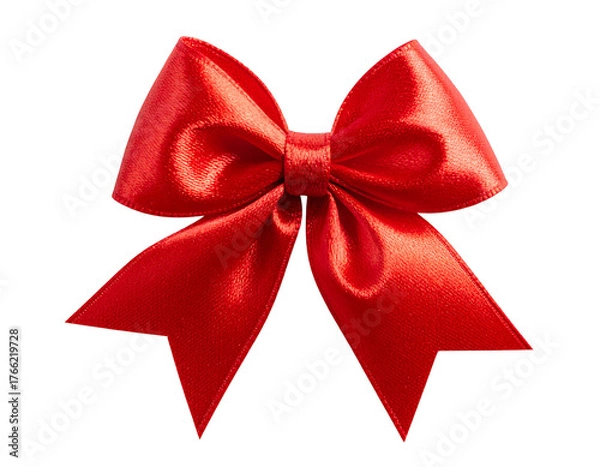 Fototapeta Red satin bow with prominent knot and two streamers, isolated on a black background, showing subtle light play